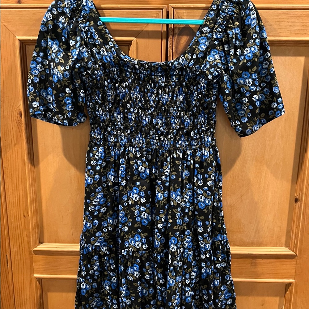 GAP Blue Floral Puff Sleeve Mini Dress Square Neck. Size Medium